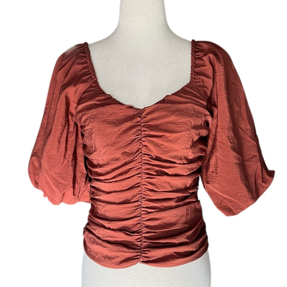 GAP Chocolate Sweetheart Neckline smocked Puffy Sleeve Fitted Blouse